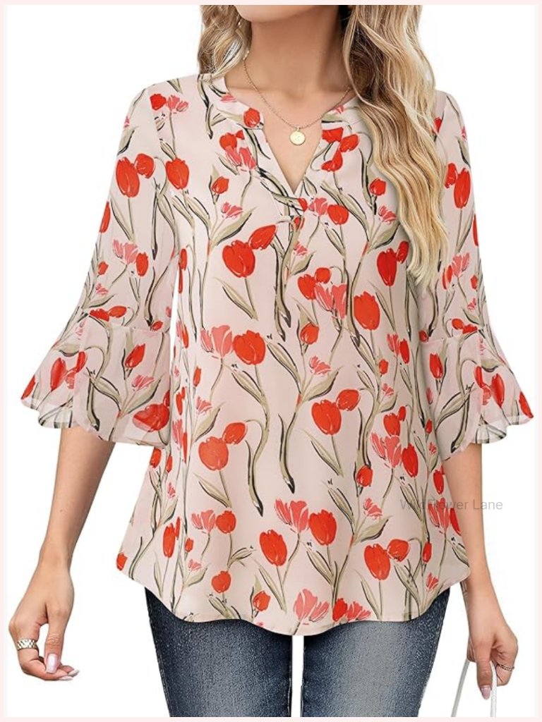 3/4 Sleeve V-Neck Blouse Floral Print Chiffon Tunic Dressy Casual Work